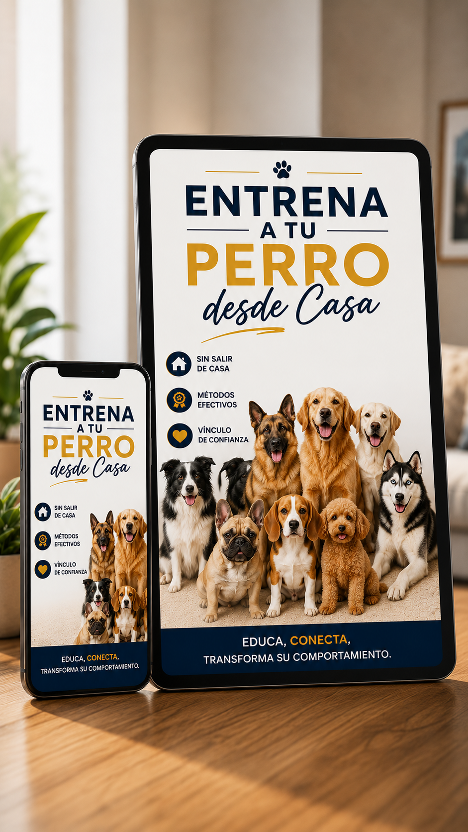 Mockup del ebook Entrena a tu Perro desde Casa en tablet y celular