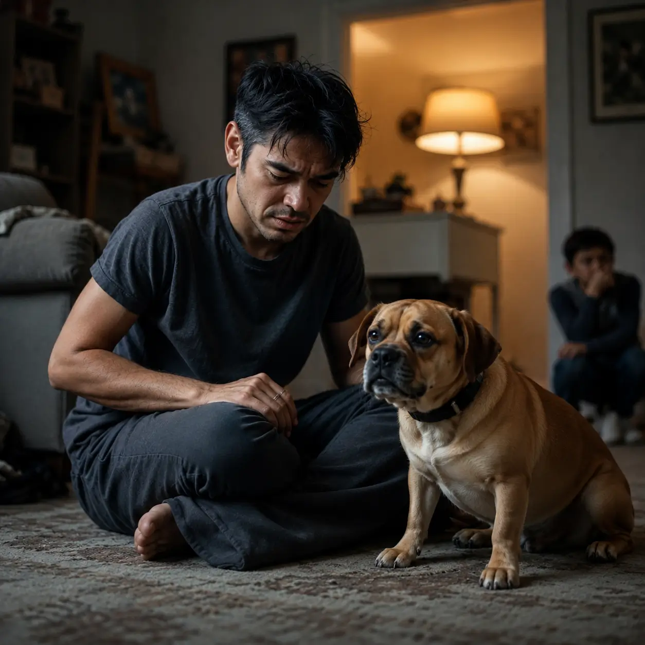 Dueño frustrado junto a su perro en una sala desordenada