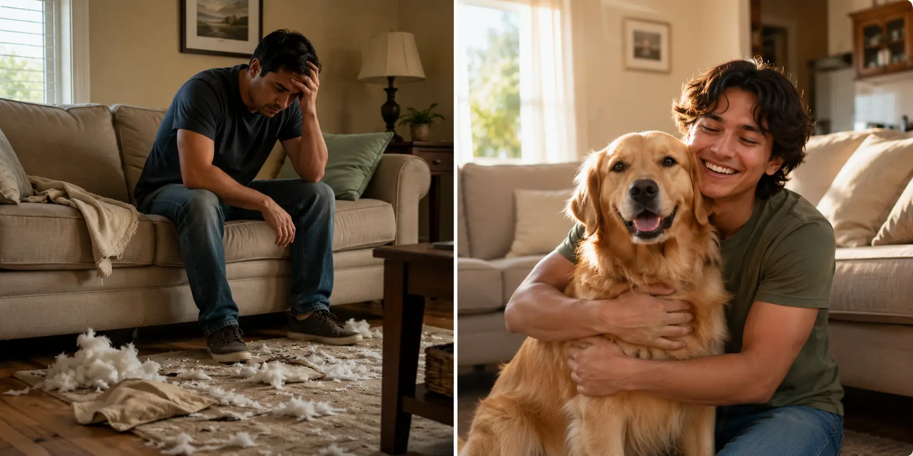Antes y después: perro destructivo y luego perro tranquilo abrazado por su dueño