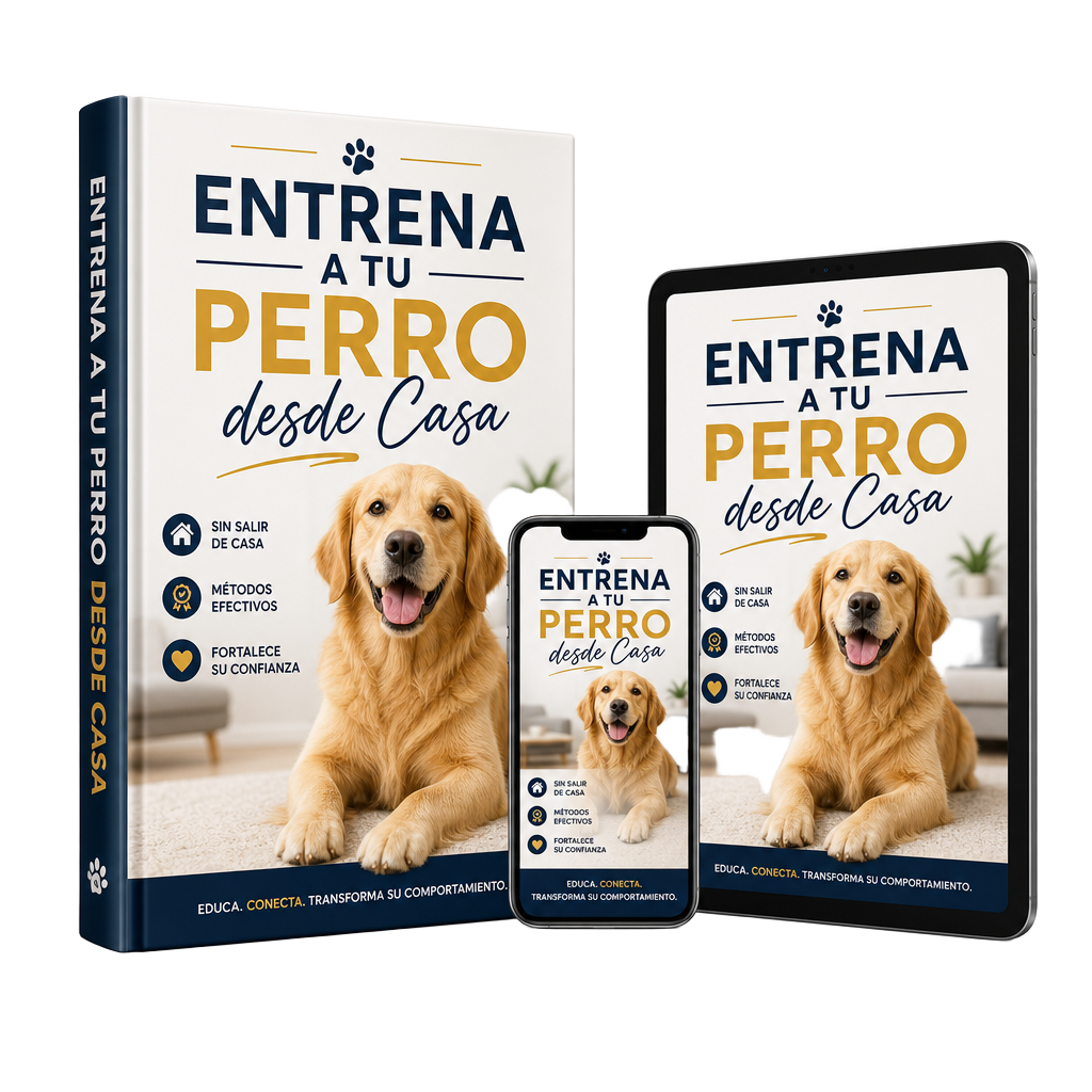 Mockup del ebook Entrena a tu Perro desde Casa en libro, tablet y celular
