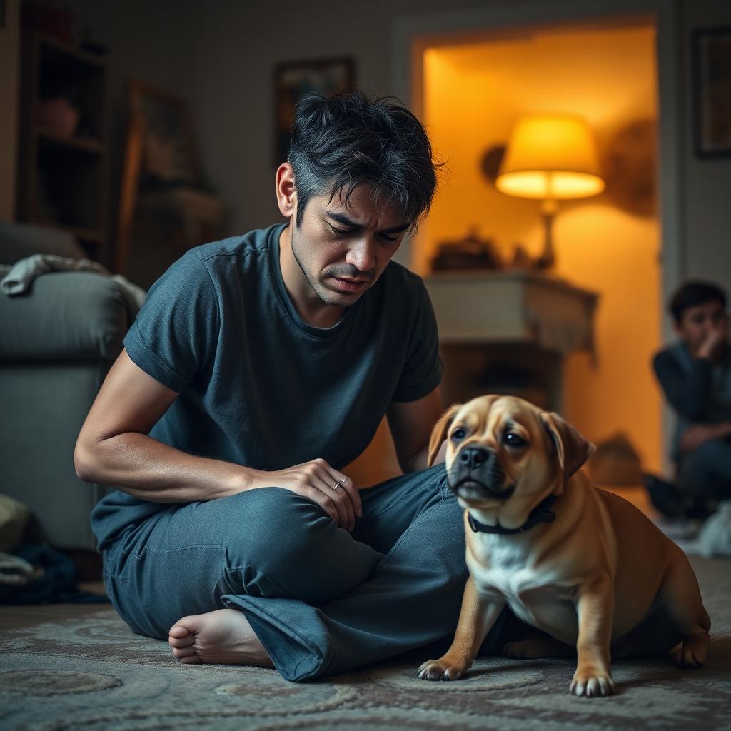 Dueño exhausto junto a su perro en una sala desordenada
