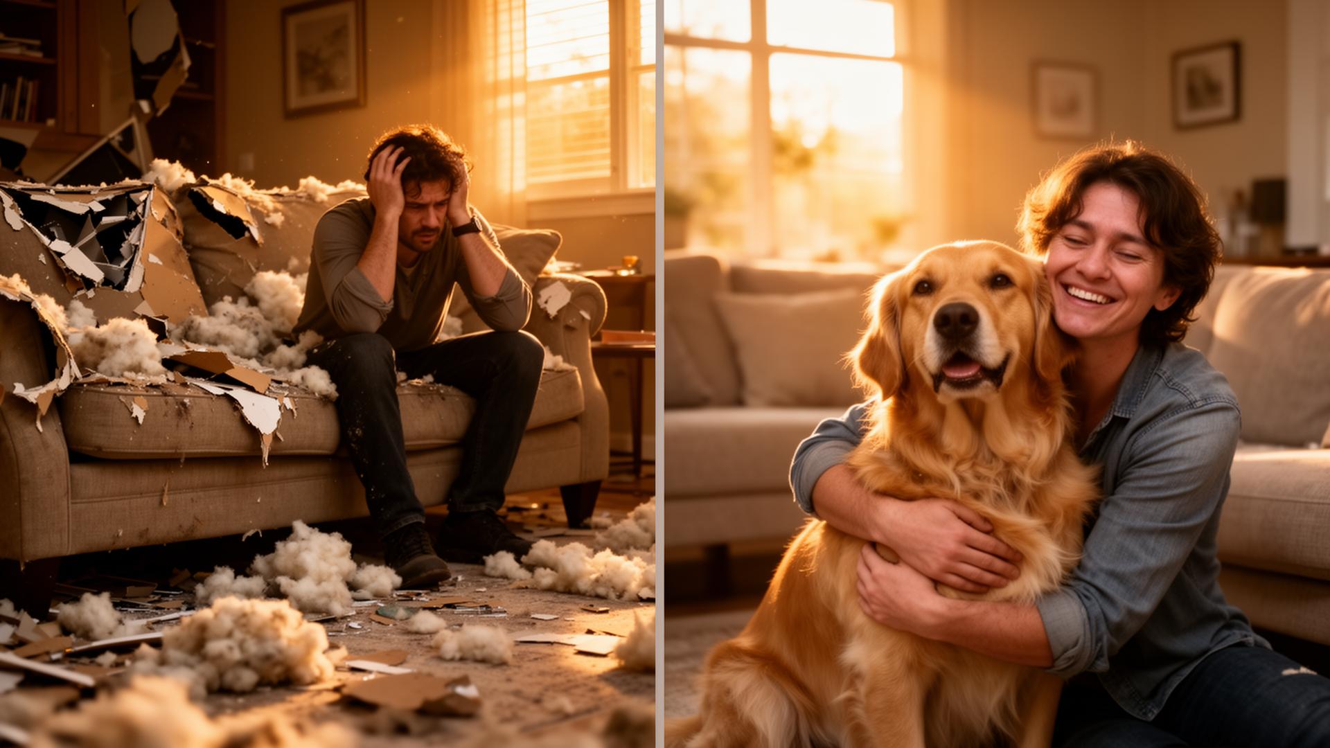 Antes y después: perro destructivo y luego perro tranquilo abrazado por su dueño